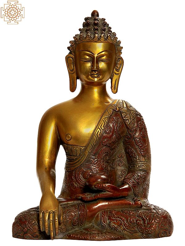 9" Bhumisparsha Buddha (Robes Decorated with Auspicious Symbols) In Brass