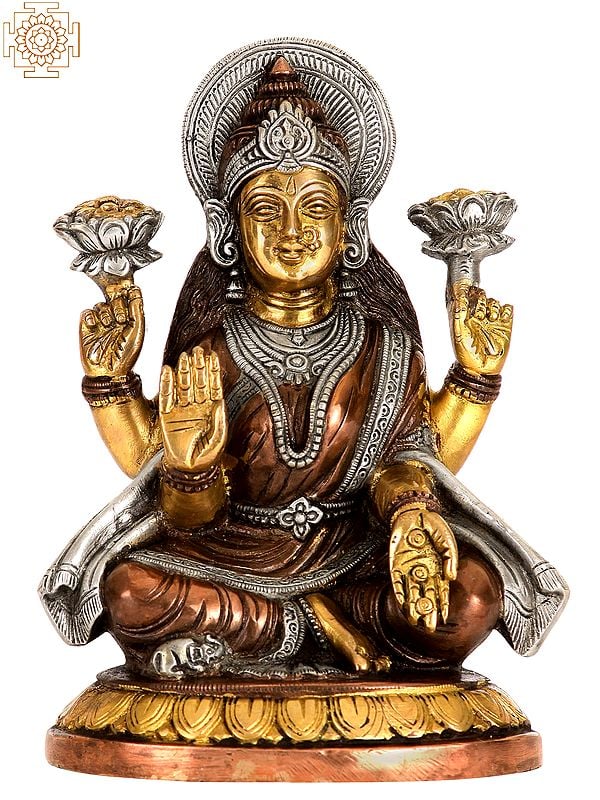 8" Goddess Lakshmi Holding Full Blown Lotuses In Brass