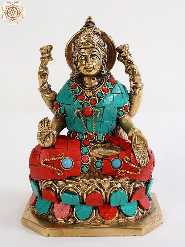 5" Small Goddess Lakshmi Idol Seated on Lotus in Brass
