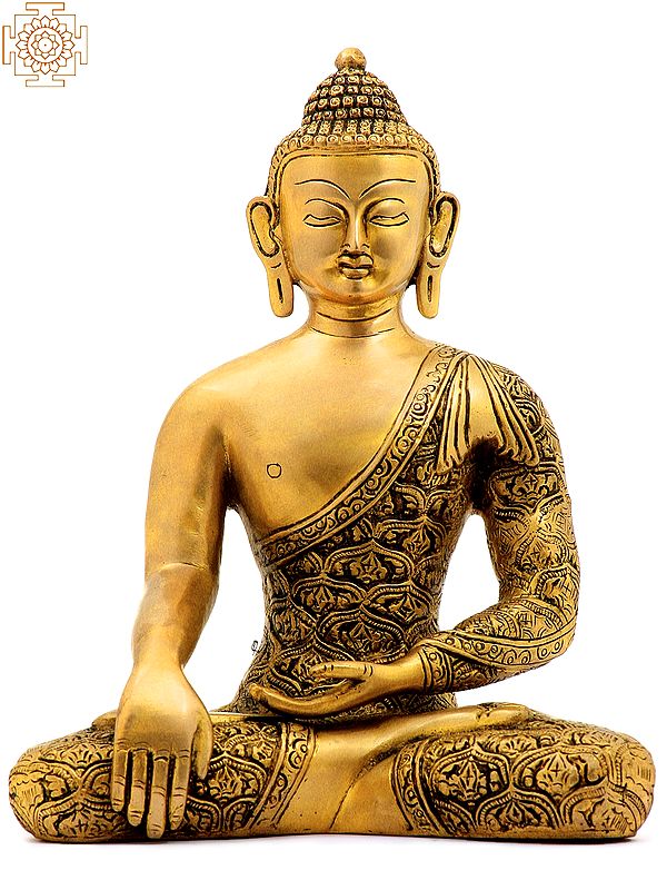 11" Lord Buddha in Bhumisparsha Mudra (Robes Decorated with Dorje) In Brass