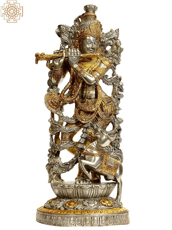 17" Venugopala (Murali Krishna) in Silver and Golden Hues In Brass