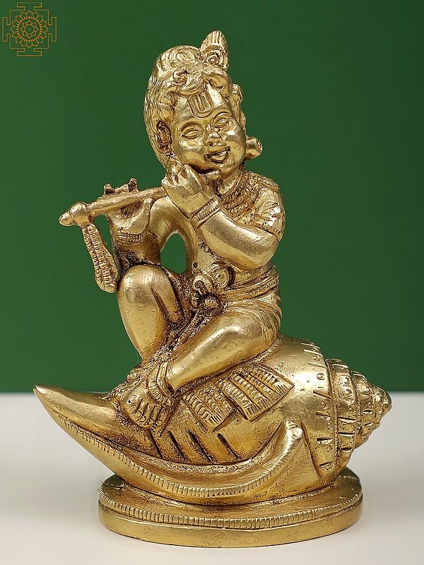 4" Small Baby Krishna Seated on Conch Playing the Flute In Brass