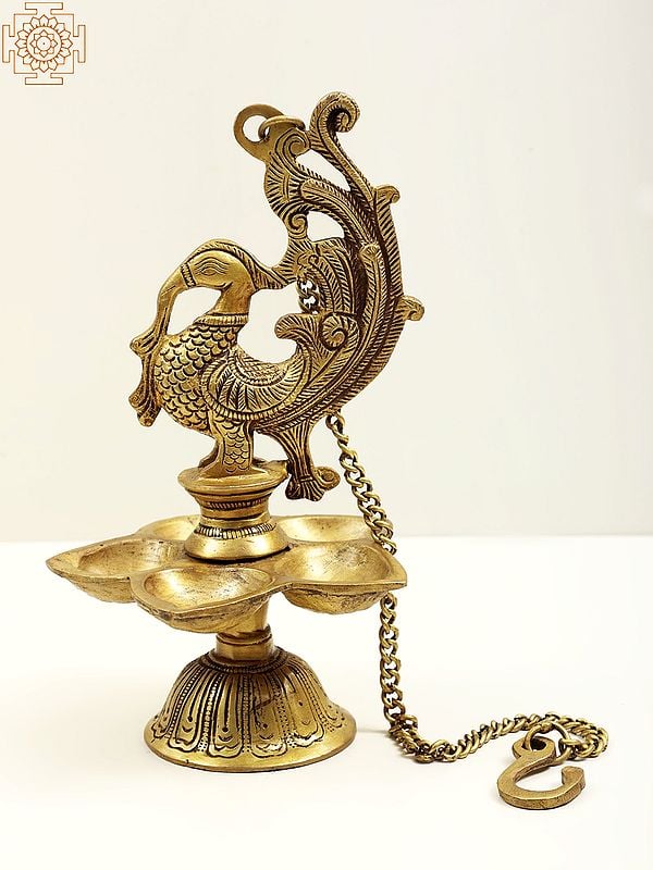 10" Temple Hanging: Mayura Lamp In Brass