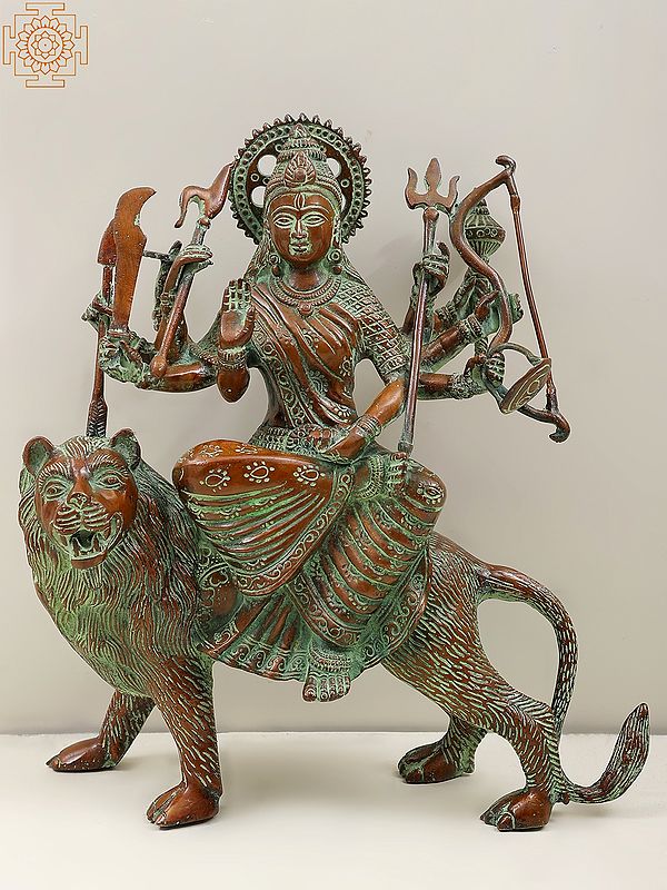 11" Brass Mother Goddess Durga Statue Seated on Her Lion