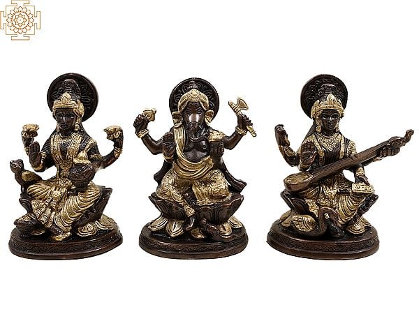 5" Small Lakshmi Ganesha Saraswati (Set of Three Statues) In Brass