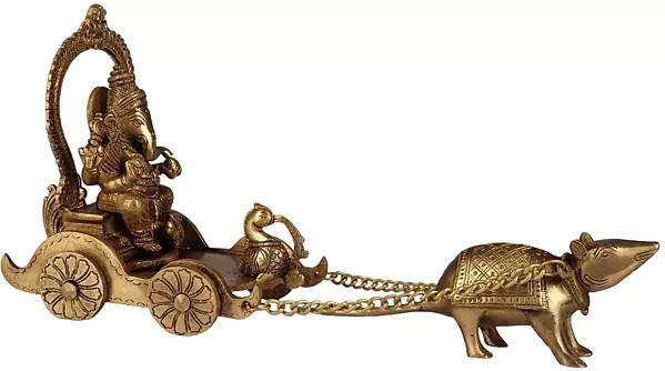 6" Brass Lord Ganesha Statue Riding a Rat Chariot | Handmade | Made in India