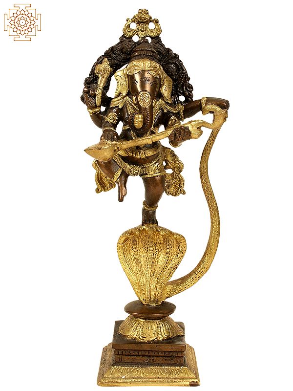 10" Lord Ganesha Dancing on Five-Hooded Serpent with Veena In Brass | Handmade | Made In India