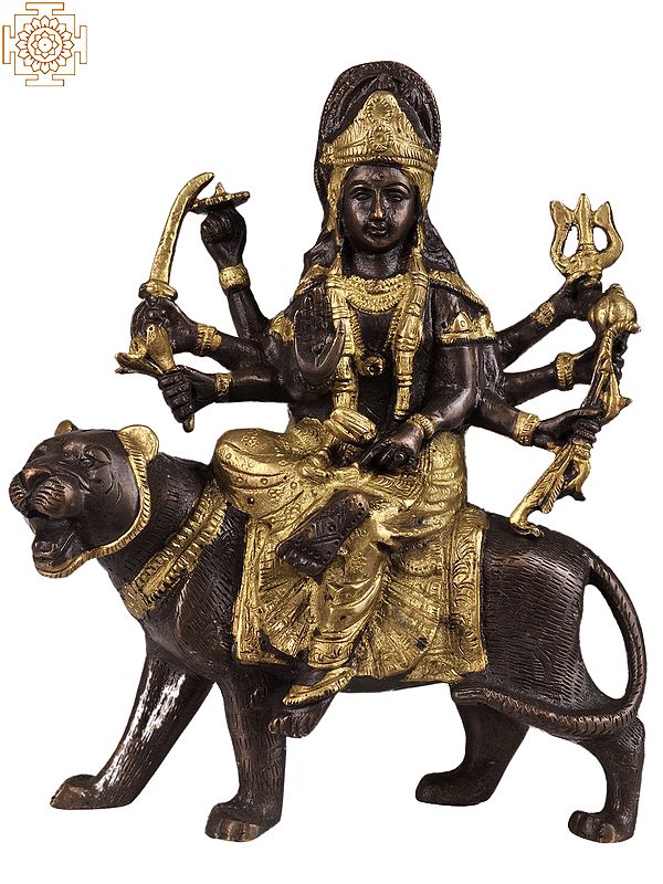 7" Goddess Durga Statue in Brown and Golden Hues in Brass