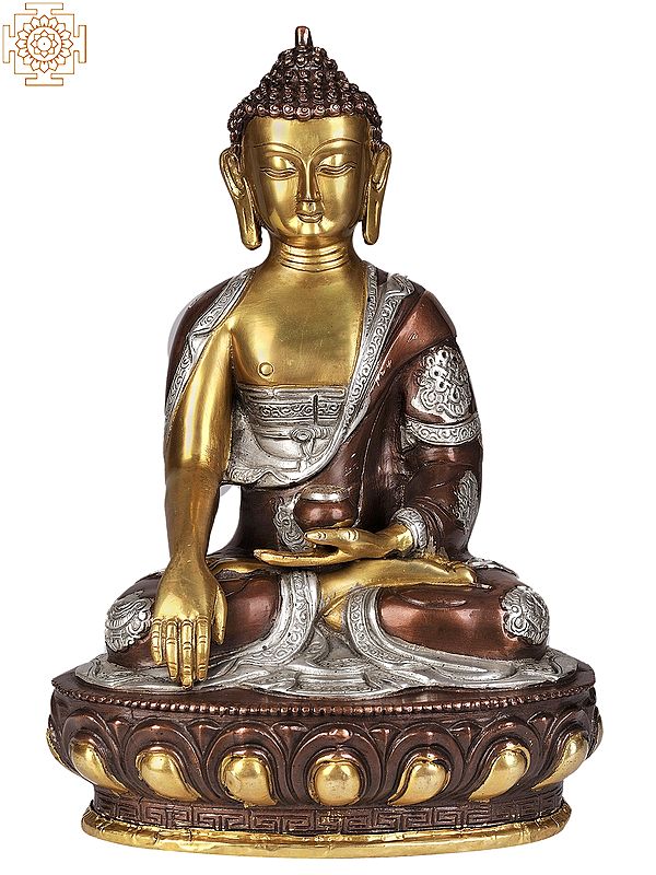12" Triple Hued Buddha in Earth-Witness Gesture  (Robes Decorated with Auspicious Symbols) In Brass