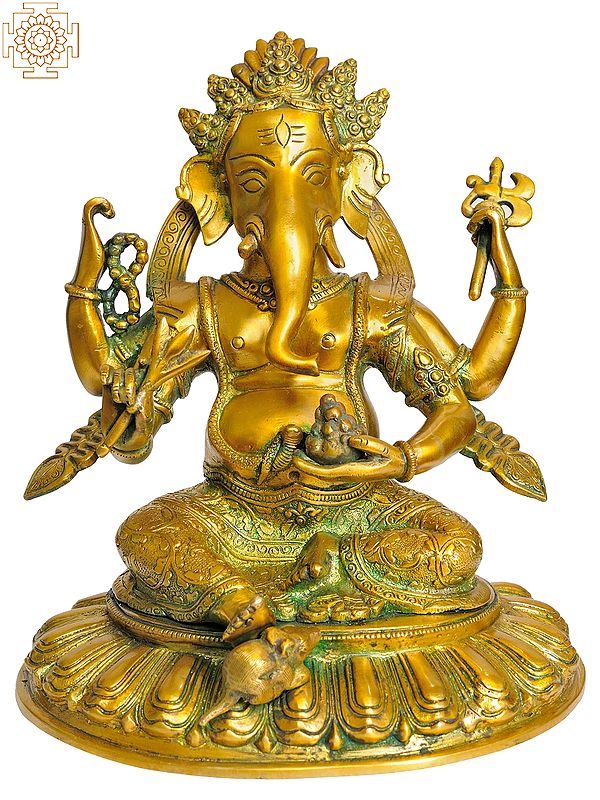 11" Four Armed Seated Ganesha In Brass