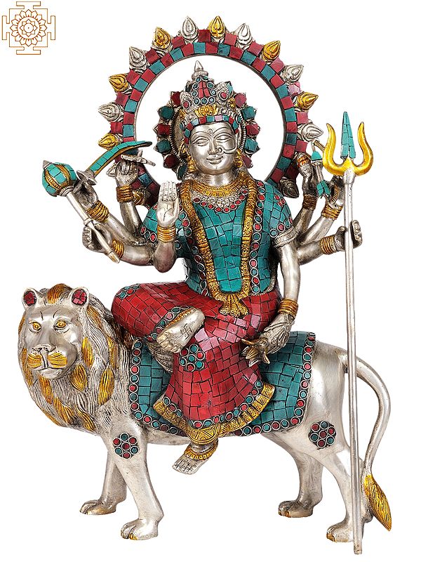 19" Goddess Durga Finely Handcrafted Statue with Inlay work in Brass