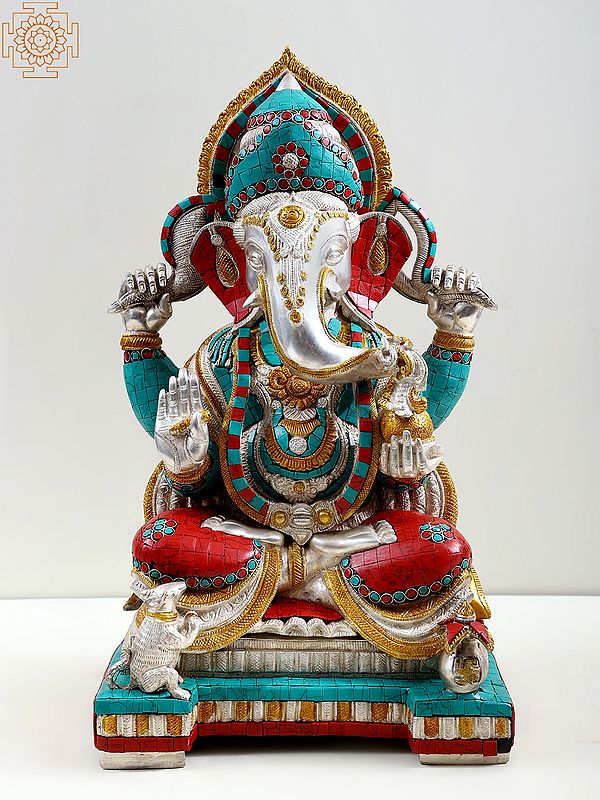18" Four Armed Seated Ganesha (In Silver Hue with Fine Inlay work) In Brass