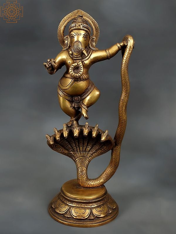11" Brass Lord Ganesha Statue Dancing on Sheshnaag | Handmade | Made in India