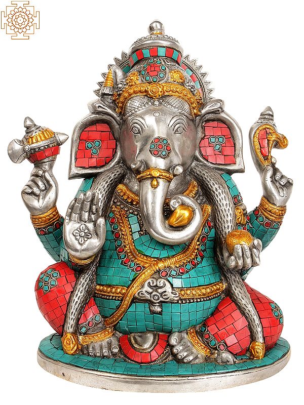13" Lambodara Ganesha in Silver Hue with Coral and Turquoise Color Inlay In Brass