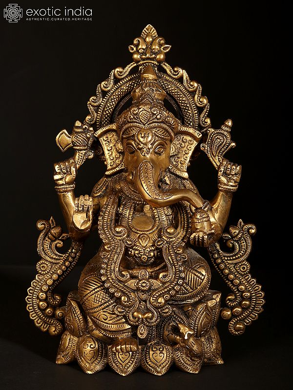 10" Lord Ganesha Seated on Lotus | Brass  Statue