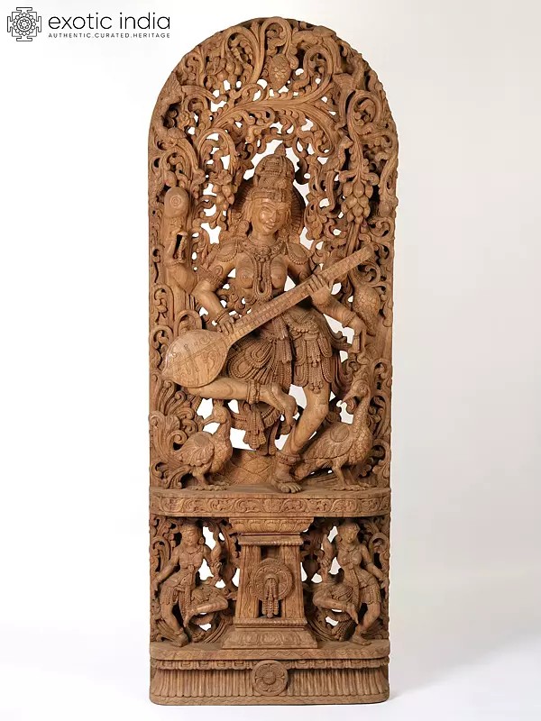 72" Large Dancing Goddess Saraswati with Vegetative Arched-Shaped Aureole