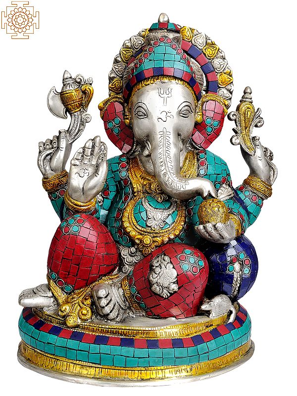 13" Lord Ganesha in Silver Hue with Inlay Work In Brass