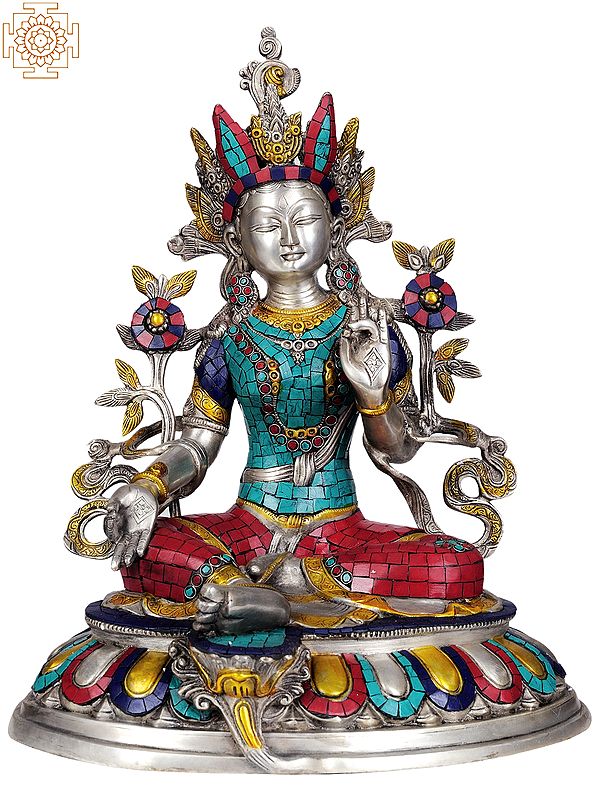 18" Tibetan Buddhist Deity- Goddess Green Tara in Silver Hue with Inlay Work In Brass