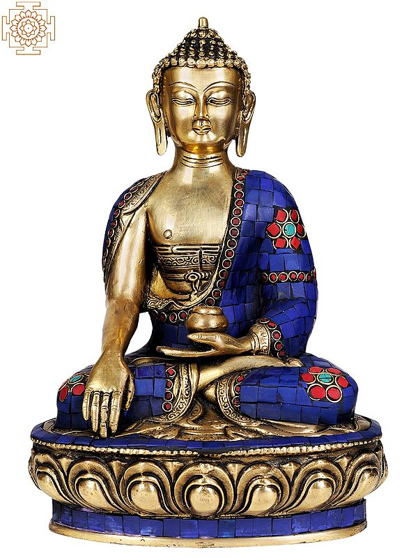 12" Lord Buddha in Bhumisparsha Mudra (With Inlay Work) In Brass