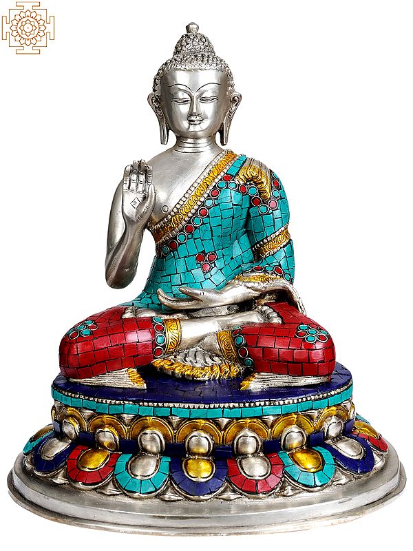 13" Lord Buddha Granting Abhaya (with Inlay Work) In Brass
