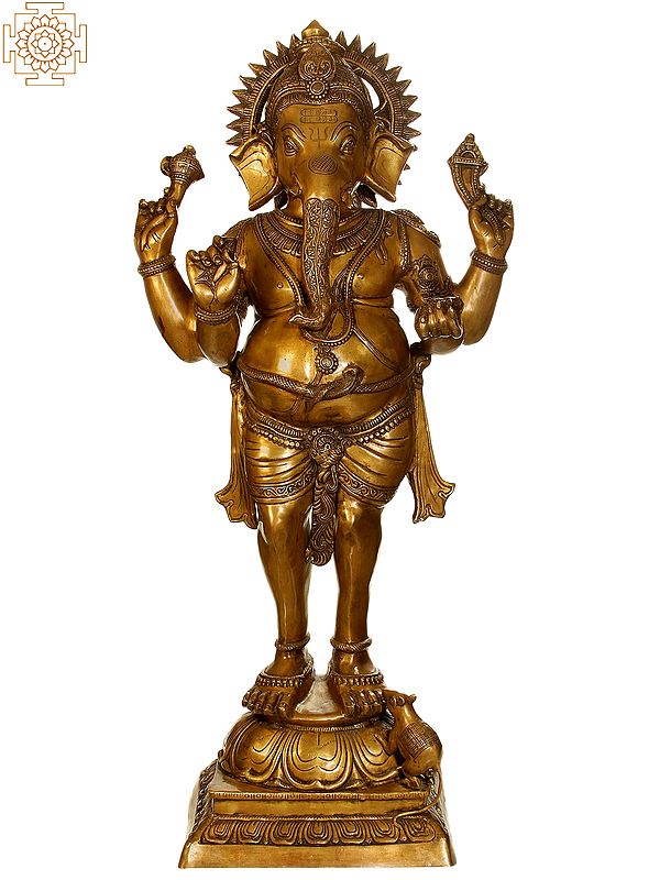 51" Large Size Standing Ganesha, A Form of Tryakshara Ganapati In Brass