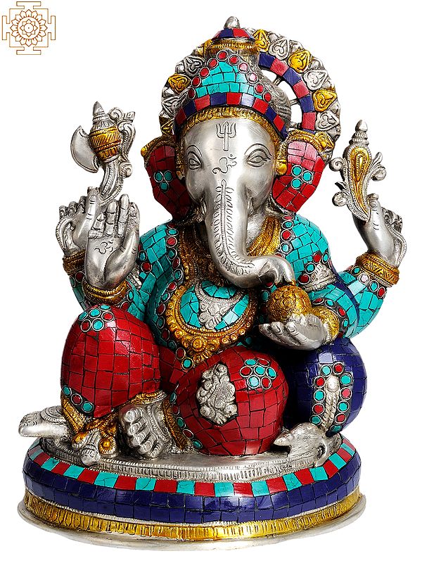 14" Lord Ganesha Eating Modak (with Inlay Work) In Brass