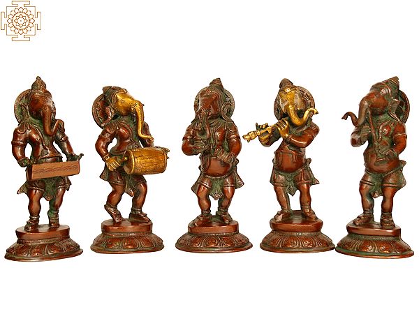 7" Set of Five Musical Ganesha Sculpture in Brass