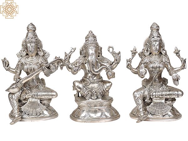 8" The Great Trinity - Saraswati, Ganesha and Lakshmi In Brass