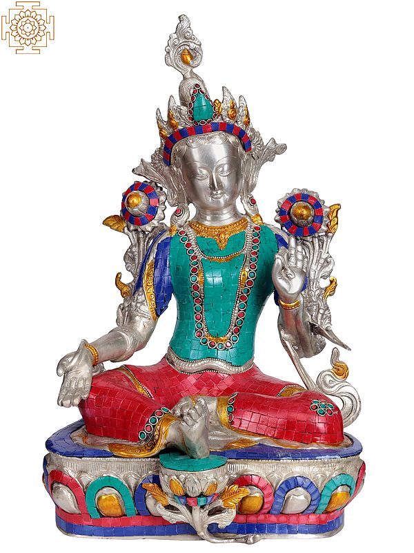 18" Tibetan Buddhist Saviour Goddess Green Tara  (Inlay Statue) In Brass