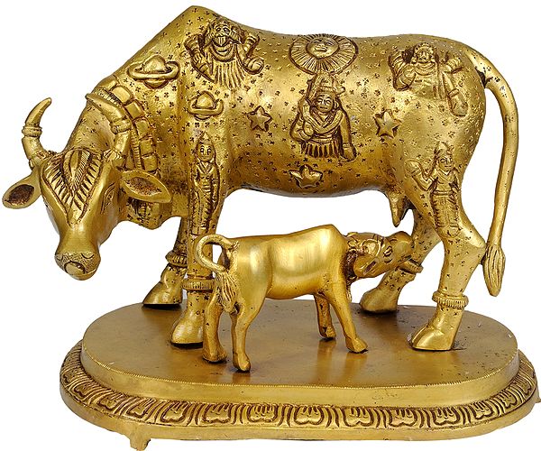 7" Cow and Calf Brass Idol - Most Sacred Animal of India | Handmade | Made in India