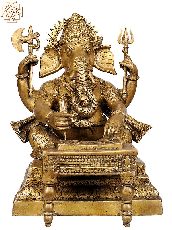 18" Lord Ganesha Writing the Mahabharata In Brass