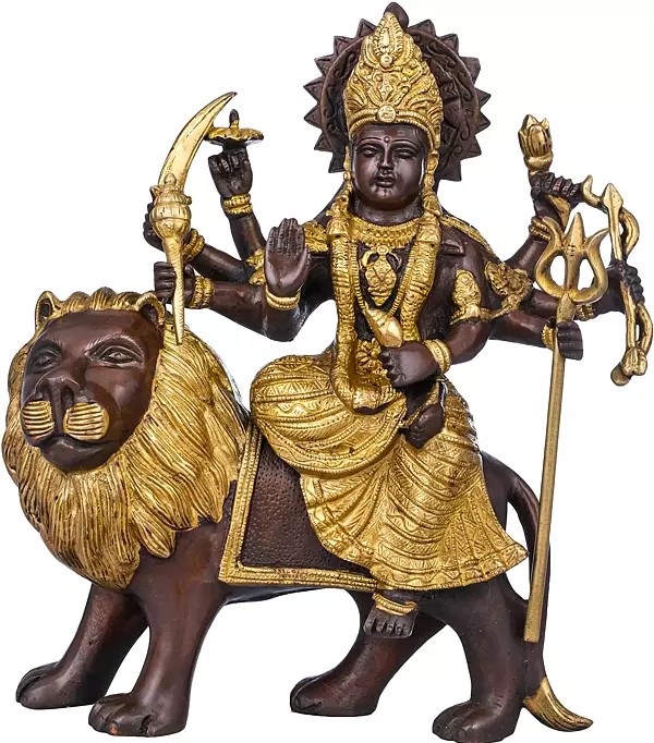 10" Mother Goddess Durga Seated on Lion In Brass | Handmade | Made In India