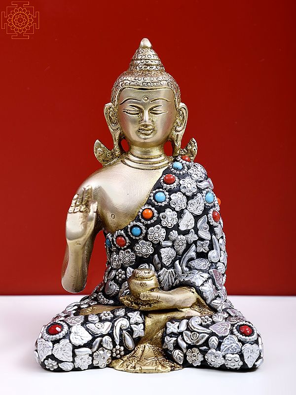 6" Small Blessing Buddha with Inlay Work In Brass
