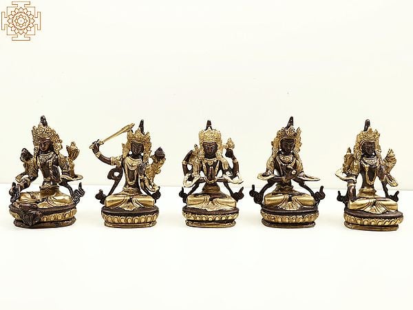 5" Small Tibetan Buddhist Deities-Green Tara, Manjushri, Chenrezig, Vajradhara and White Tara (Set of 5 Sculptures) In Brass