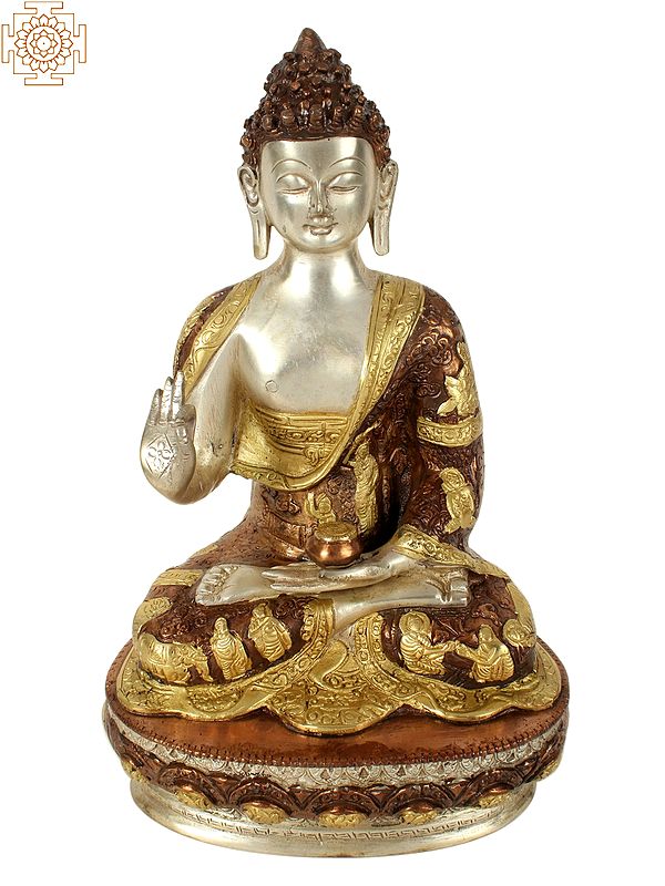 13" Buddha Seated On An Ornate Pedestal in Brass | Handmade | Made In India
