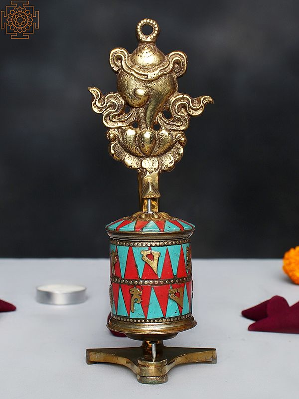 7" Tibetan Buddhist Prayer Wheel With Umbrella (Ashtamangala) In Brass | Handmade | Made In India