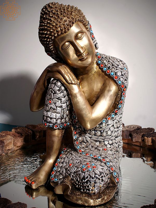 15" Thinking Buddha (Robes Decorated with Dharmachakra and Floral Motifs) In Brass | Handmade | Made In India