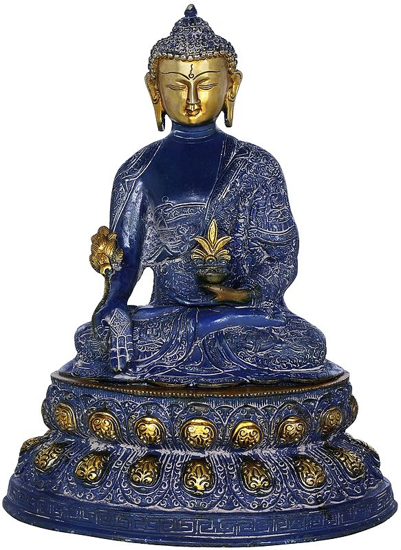 16" Brass Medicine Buddha Idol Seated on Double Lotus | Handmade Buddhist Deity Statue | Made in India