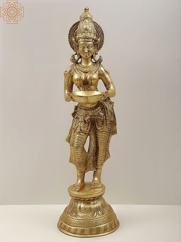 28" Deeplakshmi - Auspicious Lakshmi with Lamp In Brass | Handmade | Made In India