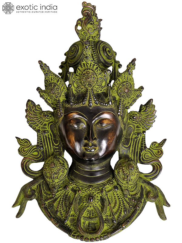 15" Superbly Detailed Green Tara Brass Wall-Hanging Mask | Indian Handcrafted Idol