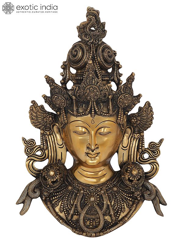15" Superbly Detailed Green Tara Brass Wall-Hanging Mask | Indian Handcrafted Idol