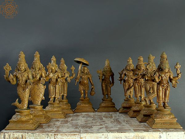 6" Dashavtara (Set of Ten Sculptures) | Handmade | Madhuchista Vidhana (Lost-Wax) | Panchaloha Bronze from Swamimalai