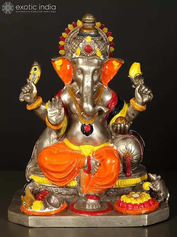 11" Lord  Ganesha in Orange Dhoti In Brass | Handmade | Made In India