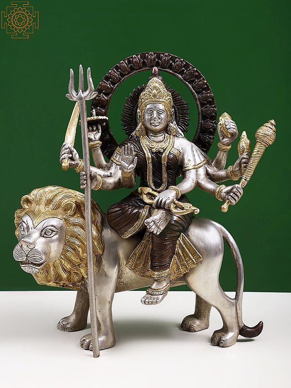 12" Ashtabhuja-dhari Durga Idol on Her Mount Lion in Brass