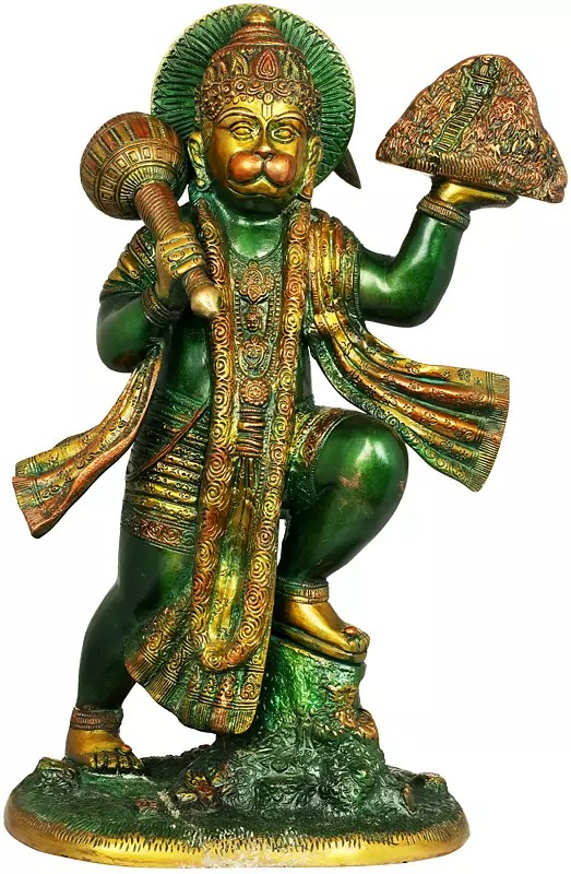 15" Brass Sculpture of Lord Hanuman Carrying Sacred Sanjeevani Mountain
