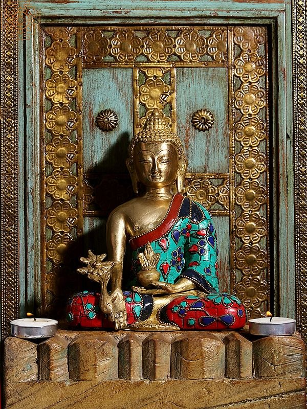 8" The Medicine Buddha (Tibetan Buddhist) | Inlay Buddha | Brass with Stone | Handmade
