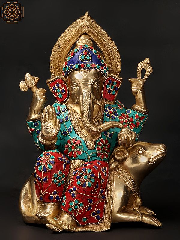 12" Lord Ganesha Seated on Rat In Brass | Handmade | Made In India