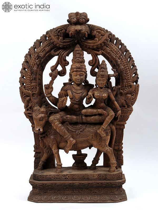 48" Large Shiva with Devi Parvati | Wood Carved Statue