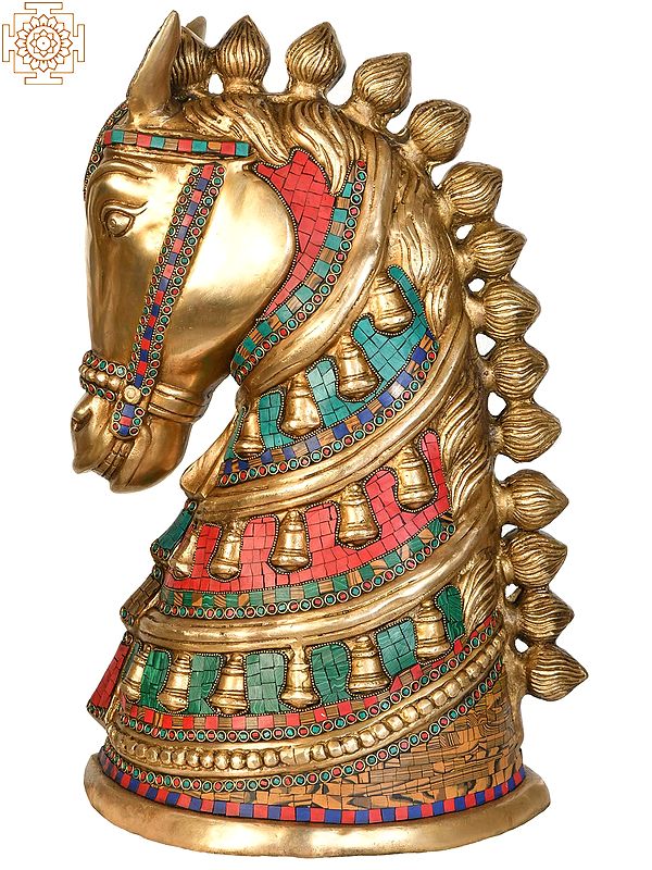 Royal Horse Head Brass Figurine with Intricate Inlay Work
