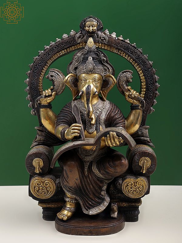 17" Royal Throne Ganesha Writing Om Namaha Shivaya In Brass | Handmade | Made In India